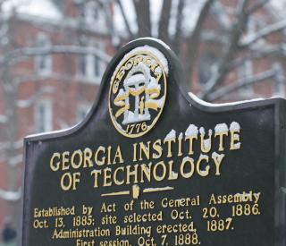Georgia Tech historic marker covered in snow during a 2014 winter weather event. Photographer: Rob Felt