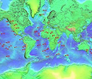 Mantle plumes, shown in red, have been identified around the world. (Ingo Wölbern, via Wikimedia Commons)