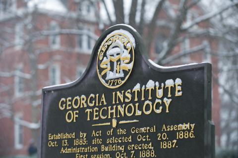 Georgia Tech historic marker covered in snow during a 2014 winter weather event. Photographer: Rob Felt